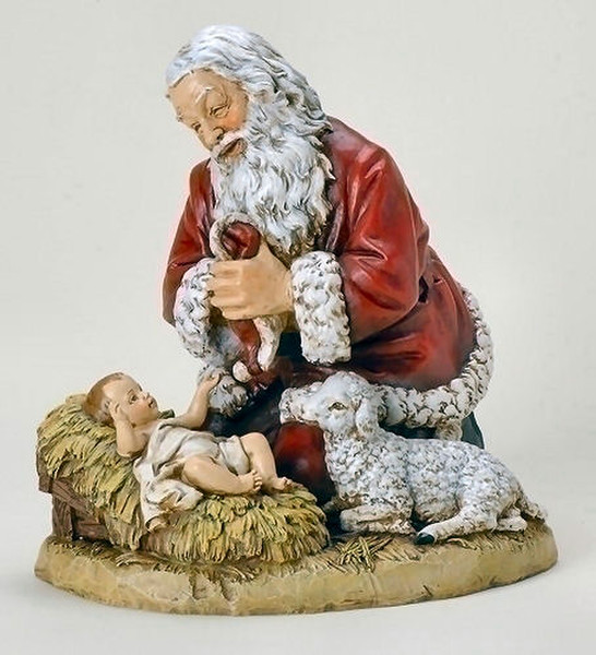 Kneeling Santa With Baby Jesus & Lamb Sculpture Christmas